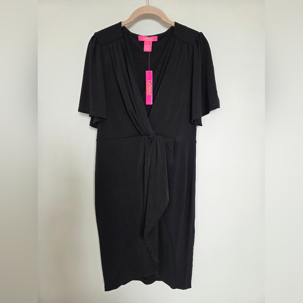 Katherine Malandrino NWT Black Faux Wrap-Style Front Knot Dress Medium